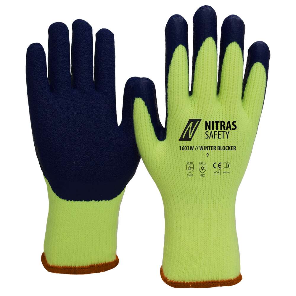 NITRAS WINTER BLOCKER, Winter-Arbeitshandschuhe, neongelb / blau